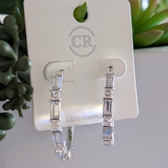 Jewelry - Silver Crystal Hoop Earrings, Baguette Jeweled, NEW